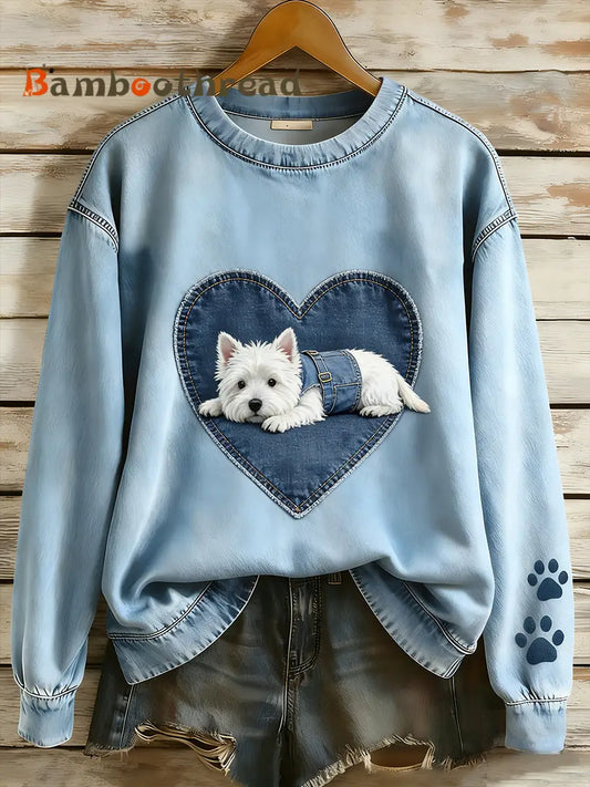 Women’s Retro Denim Patchwork Animal Art Print Casual Comfort Long-Sleeve Sweatshirt A / S