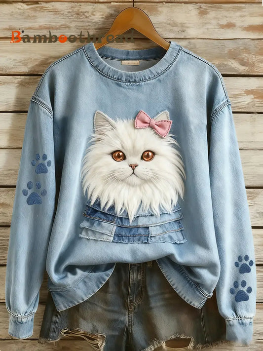 Women’s Retro Denim Patchwork Animal Art Print Casual Comfort Long-Sleeve Sweatshirt A / S
