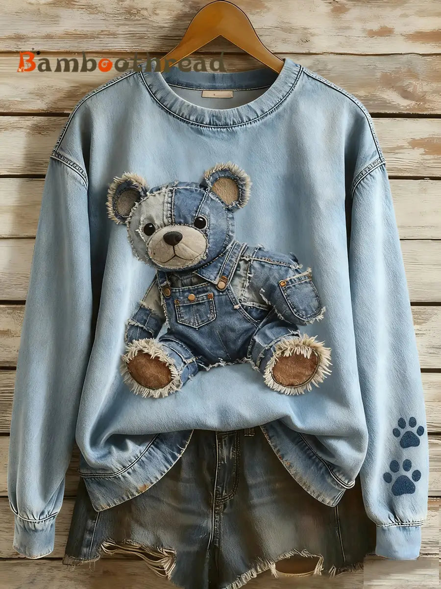 Women’s Retro Denim Patchwork Animal Art Print Casual Comfort Long-Sleeve Sweatshirt A / S