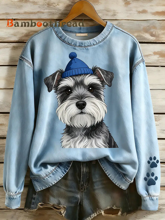 Women’s Retro Denim Patchwork Animal Art Print Casual Comfort Long-Sleeve Sweatshirt A / S