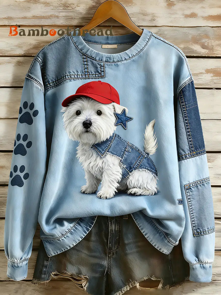 Women’s Retro Denim Patchwork Animal Art Print Casual Comfort Long-Sleeve Sweatshirt A / S