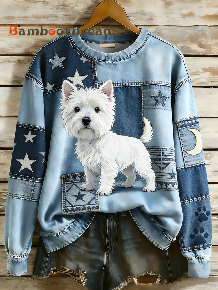 Women’s Retro Denim Patchwork Animal Art Print Casual Comfort Long-Sleeve Sweatshirt A / S