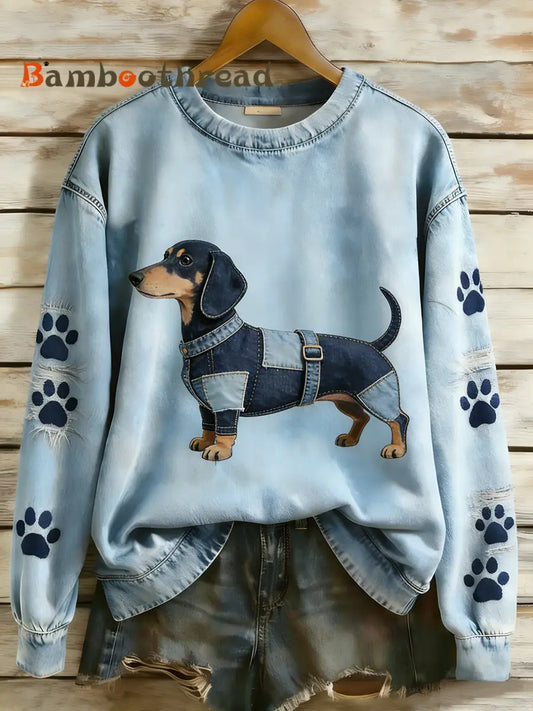 Women’s Retro Denim Patchwork Animal Art Print Casual Comfort Long-Sleeve Sweatshirt A / S