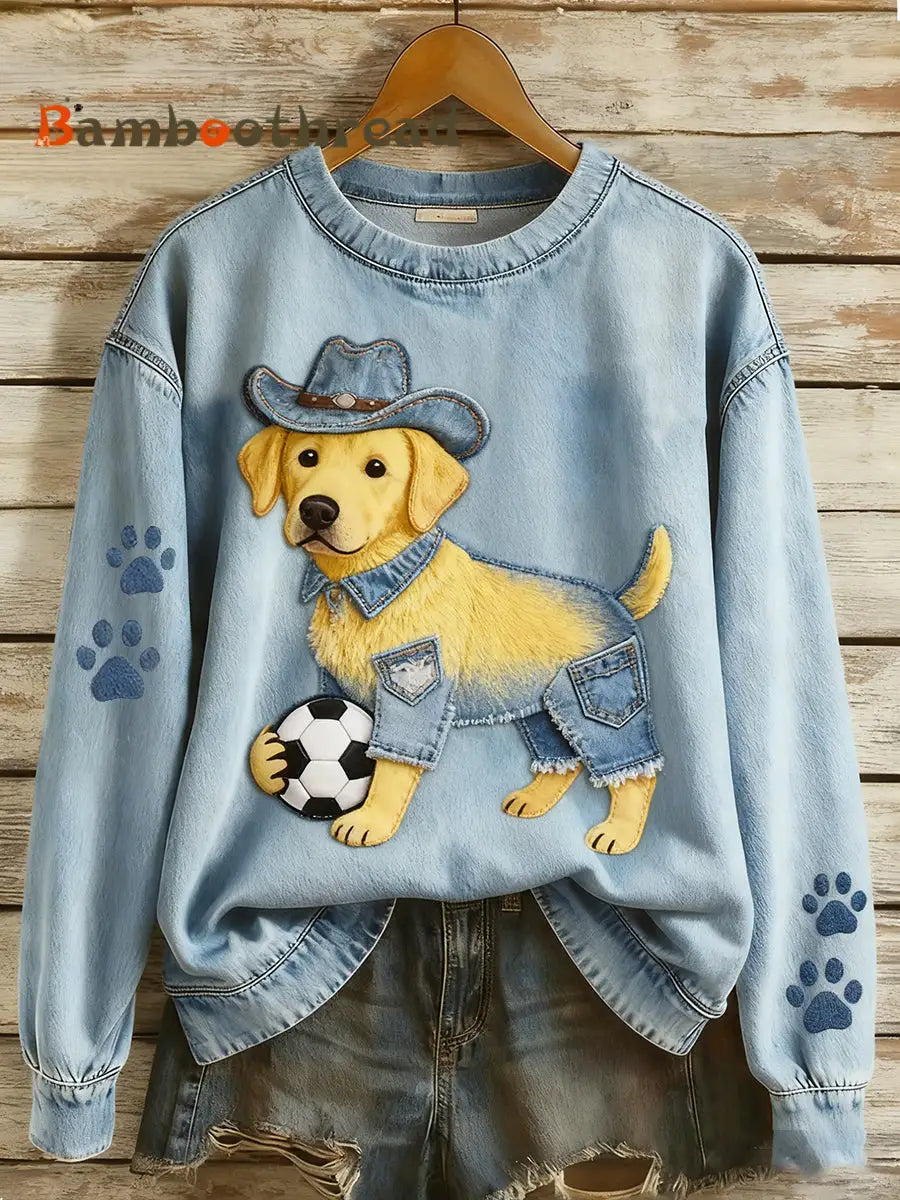Women’s Retro Denim Patchwork Animal Art Print Casual Comfort Long-Sleeve Sweatshirt A / S