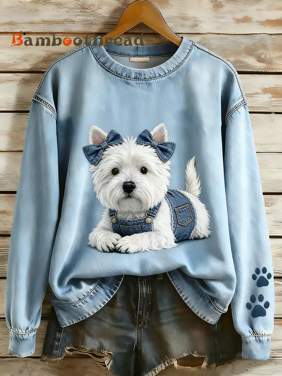 Women’s Retro Denim Patchwork Animal Art Print Casual Comfort Long-Sleeve Sweatshirt A / S