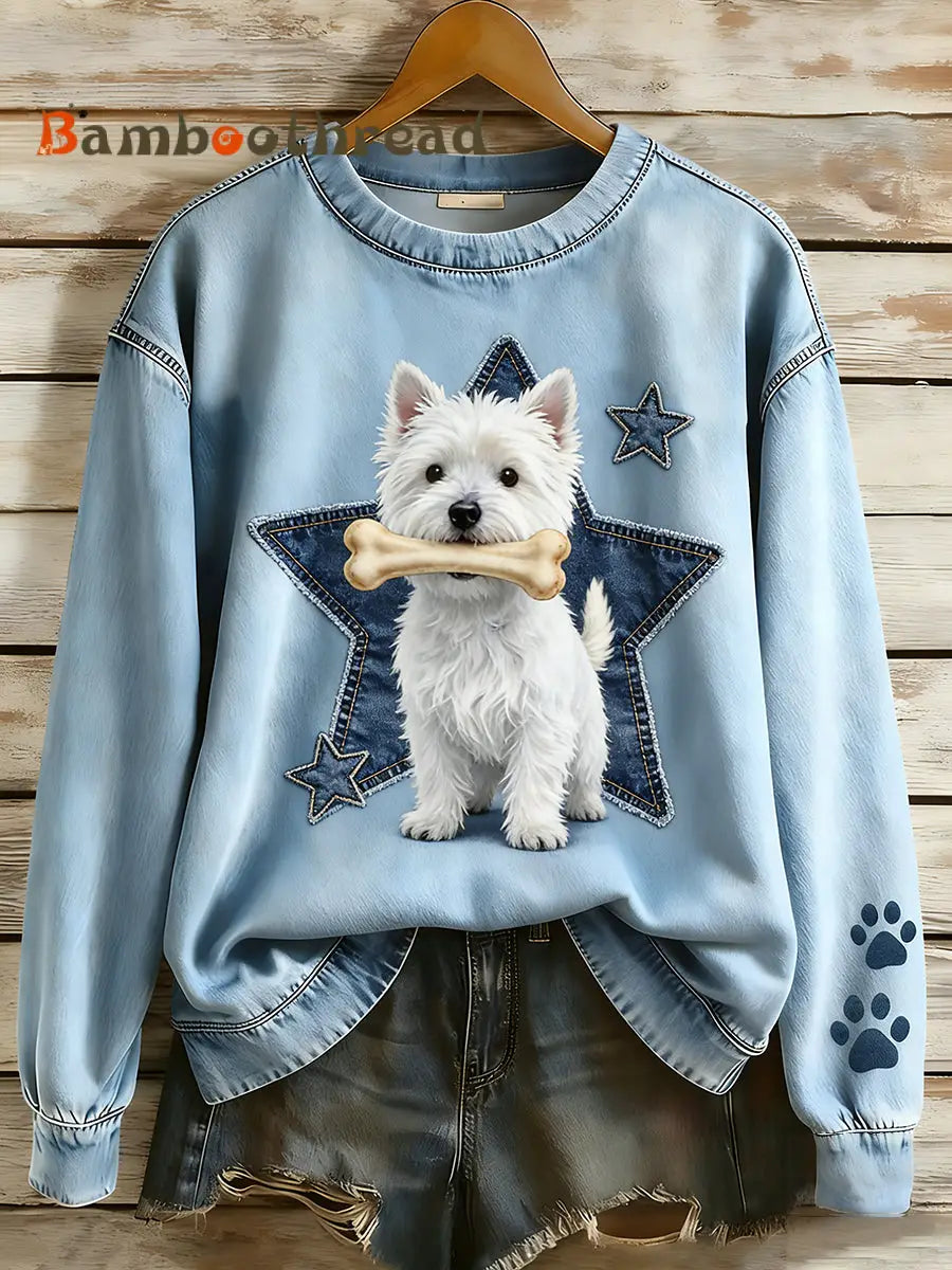 Women’s Retro Denim Patchwork Animal Art Print Casual Comfort Long-Sleeve Sweatshirt A / S
