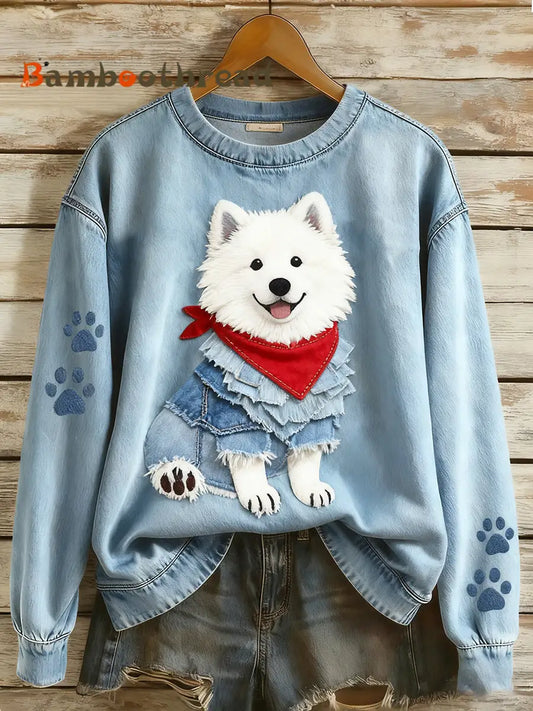 Women’s Retro Denim Patchwork Animal Art Print Casual Comfort Long-Sleeve Sweatshirt A / S