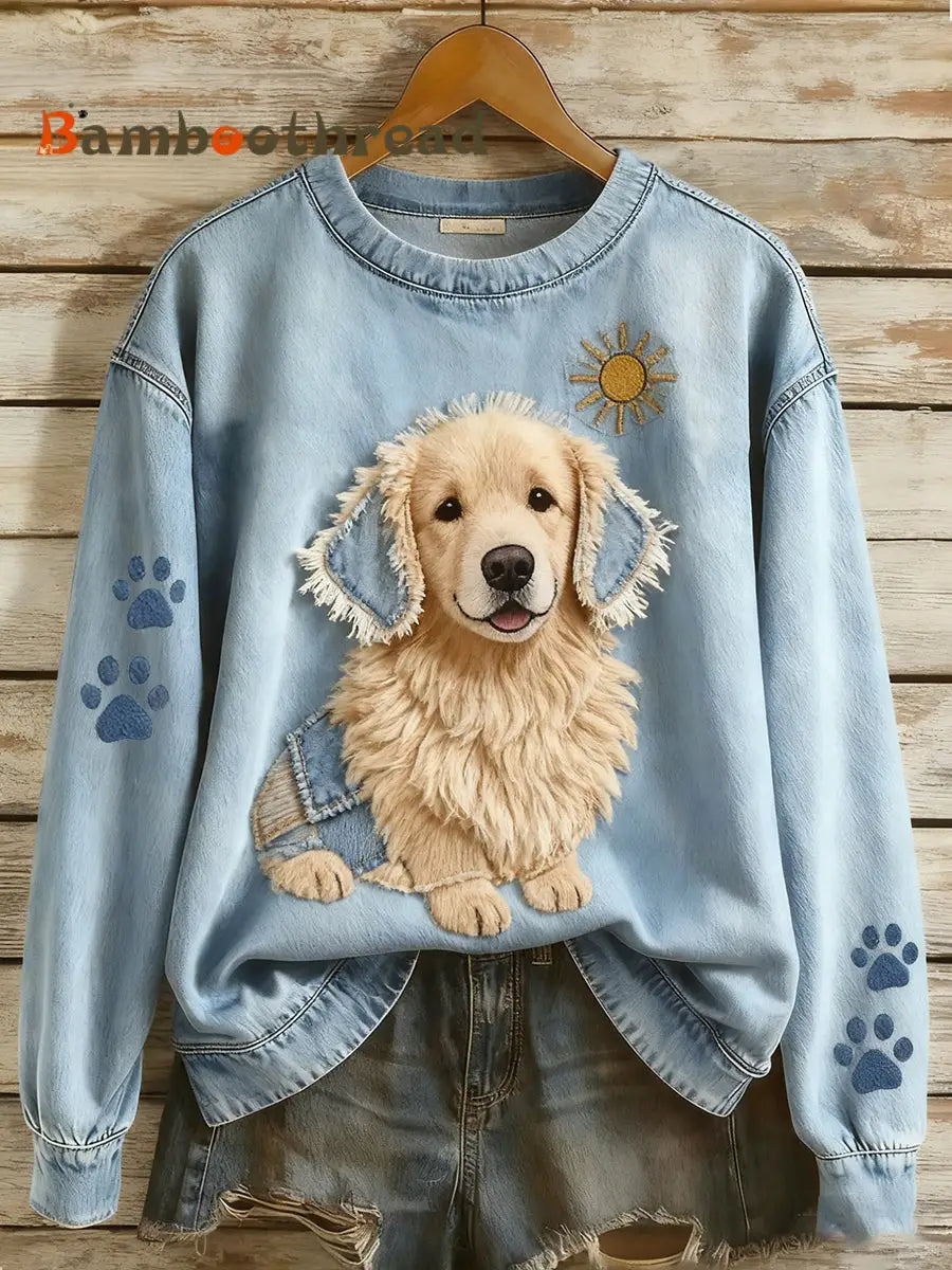 Women’s Retro Denim Patchwork Animal Art Print Casual Comfort Long-Sleeve Sweatshirt A / S