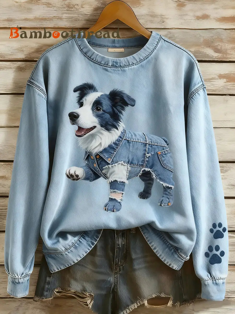 Women’s Retro Denim Patchwork Animal Art Print Casual Comfort Long-Sleeve Sweatshirt A / S