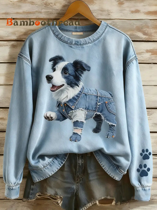 Women’s Retro Denim Patchwork Animal Art Print Casual Comfort Long-Sleeve Sweatshirt A / S