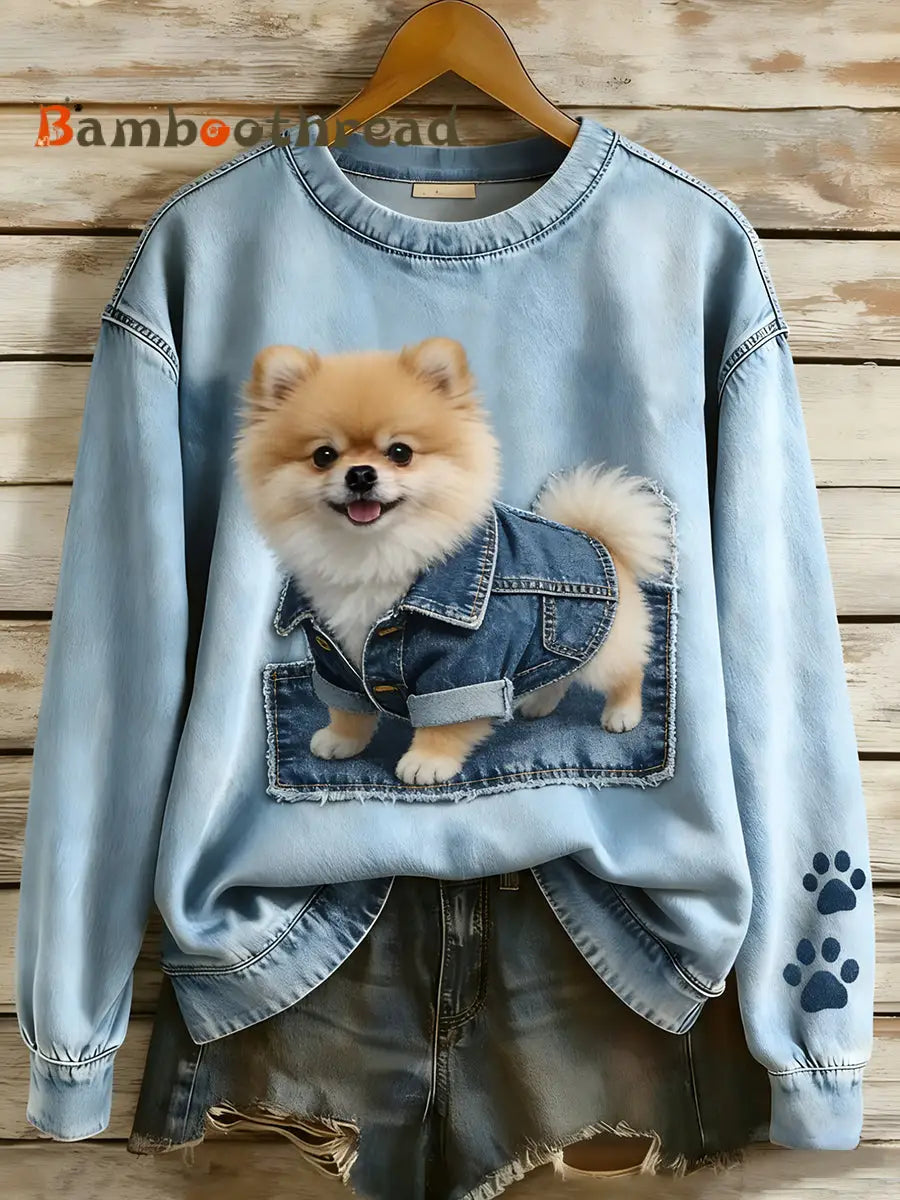 Women’s Retro Denim Patchwork Animal Art Print Casual Comfort Long-Sleeve Sweatshirt A / S