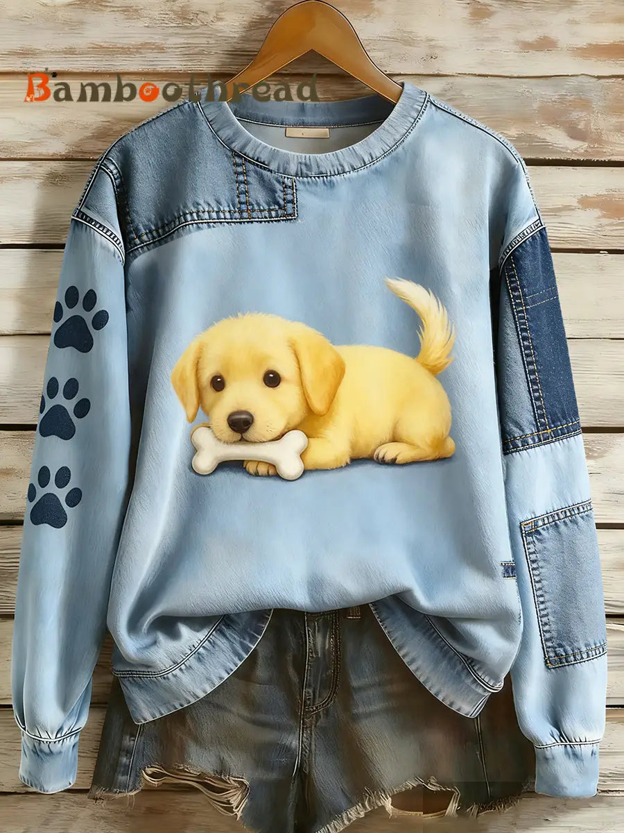 Women’s Retro Denim Patchwork Animal Art Print Casual Comfort Long-Sleeve Sweatshirt A / S