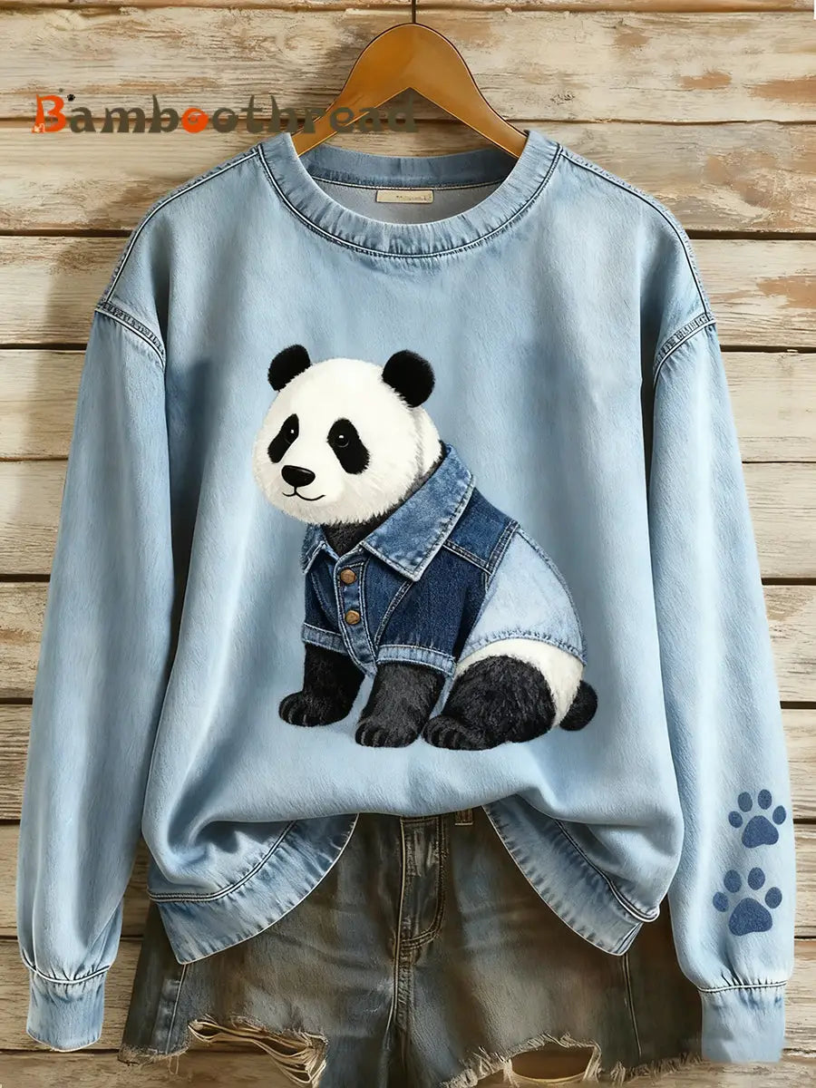 Women’s Retro Denim Patchwork Animal Art Print Casual Comfort Long-Sleeve Sweatshirt A / S