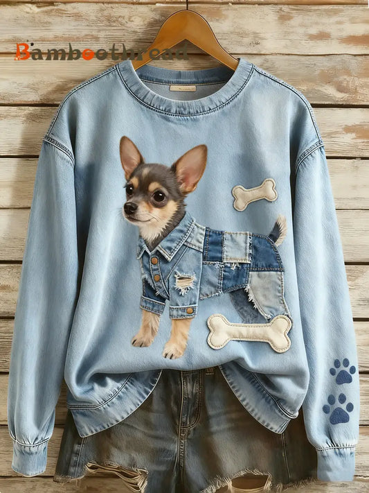 Women’s Retro Denim Patchwork Animal Art Print Casual Comfort Long-Sleeve Sweatshirt A / S