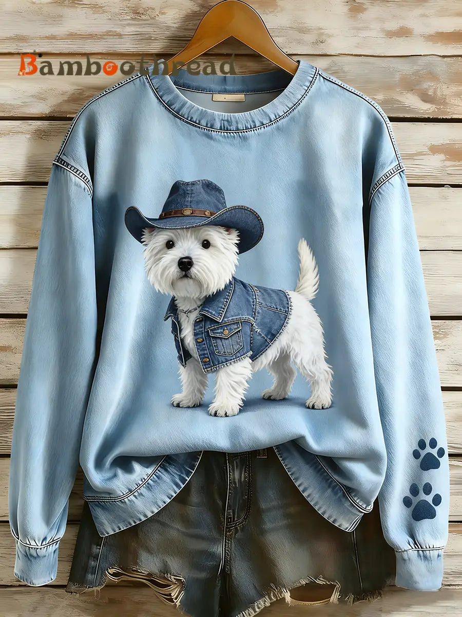 Women’s Retro Denim Patchwork Animal Art Print Casual Comfort Long-Sleeve Sweatshirt A / S