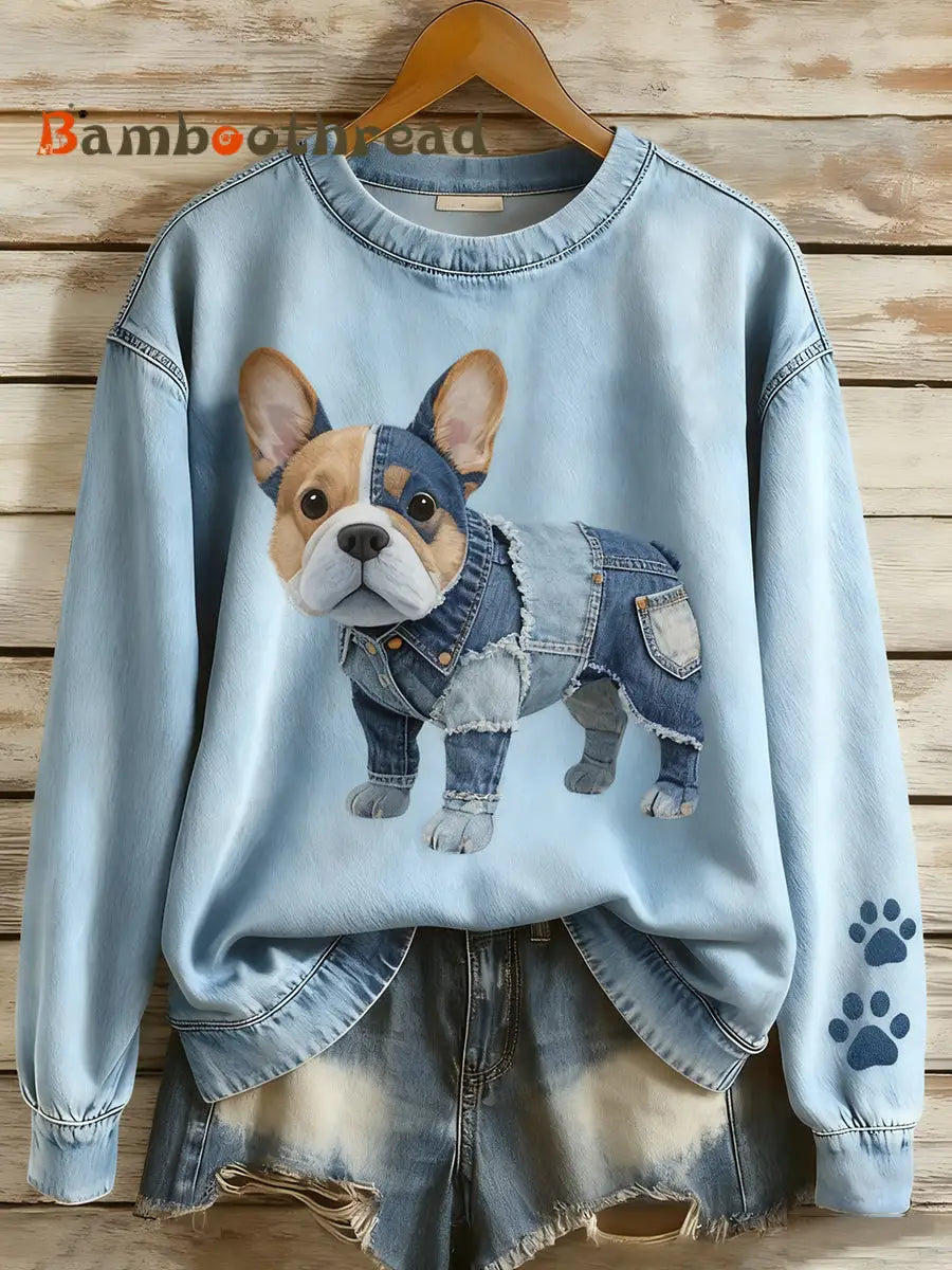 Women’s Retro Denim Patchwork Animal Art Print Casual Comfort Long-Sleeve Sweatshirt A / S