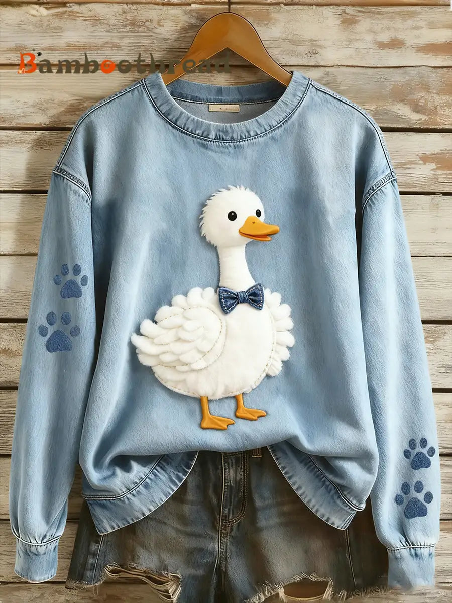 Women’s Retro Denim Patchwork Animal Art Print Casual Comfort Long-Sleeve Sweatshirt A / S