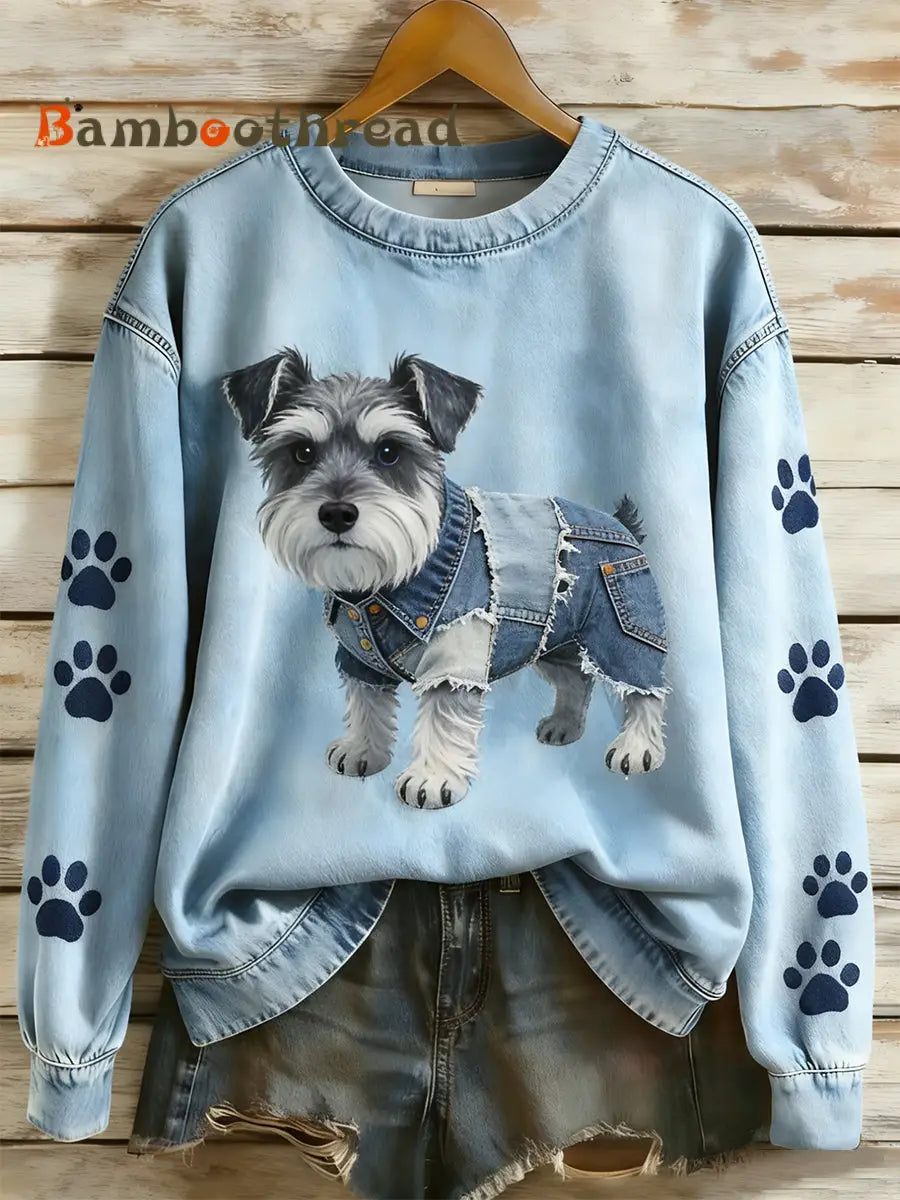Women’s Retro Denim Patchwork Animal Art Print Casual Comfort Long-Sleeve Sweatshirt A / S