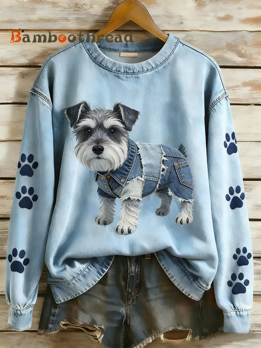 Women’s Retro Denim Patchwork Animal Art Print Casual Comfort Long-Sleeve Sweatshirt A / S