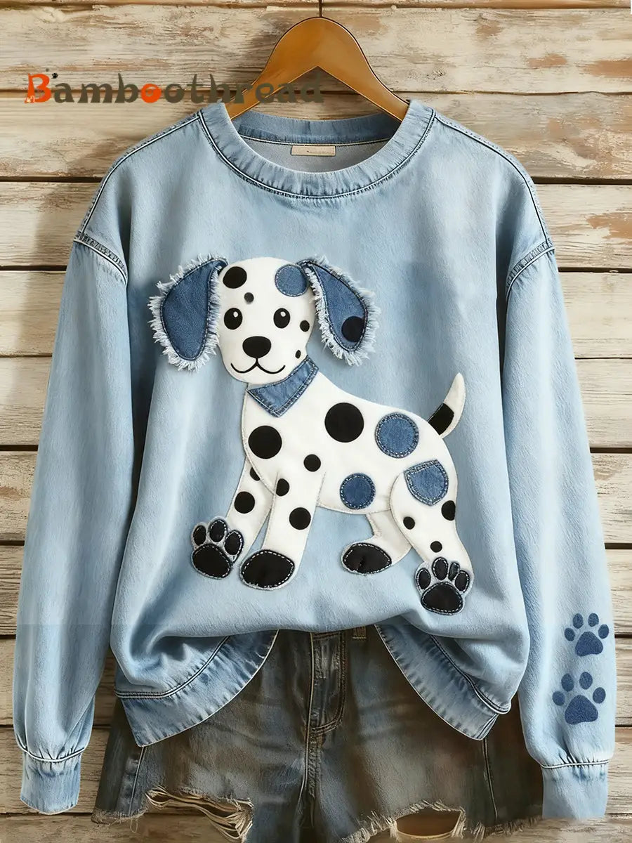 Women’s Retro Denim Patchwork Animal Art Print Casual Comfort Long-Sleeve Sweatshirt A / S