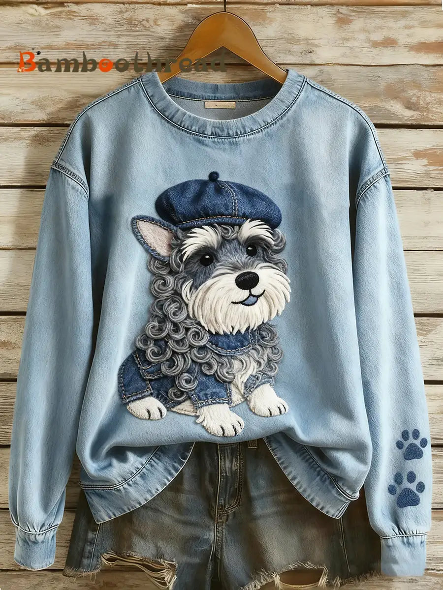Women’s Retro Denim Patchwork Animal Art Print Casual Comfort Long-Sleeve Sweatshirt A / S