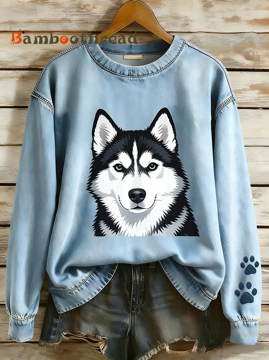 Women’s Retro Denim Patchwork Animal Art Print Casual Comfort Long-Sleeve Sweatshirt A / S