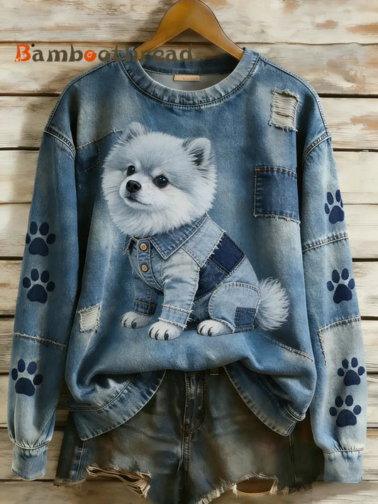Women’s Retro Denim Patchwork Animal Art Print Casual Comfort Long-Sleeve Sweatshirt A / S