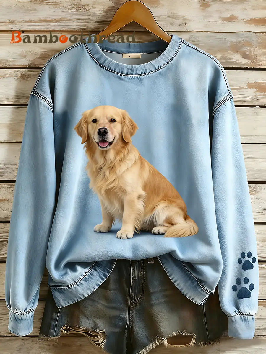 Women’s Retro Denim Patchwork Animal Art Print Casual Comfort Long-Sleeve Sweatshirt A / S