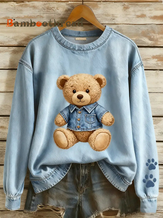 Women’s Retro Denim Patchwork Animal Art Print Casual Comfort Long-Sleeve Sweatshirt A / S