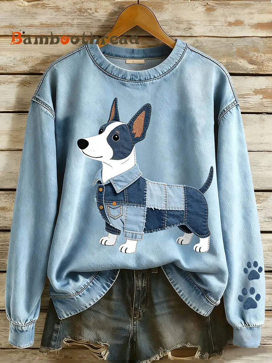 Women’s Retro Denim Patchwork Animal Art Print Casual Comfort Long-Sleeve Sweatshirt A / S
