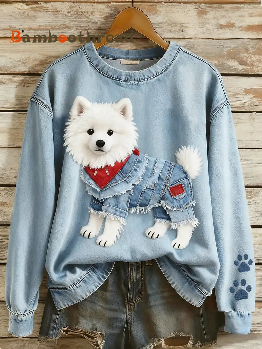 Women’s Retro Denim Patchwork Animal Art Print Casual Comfort Long-Sleeve Sweatshirt A / S