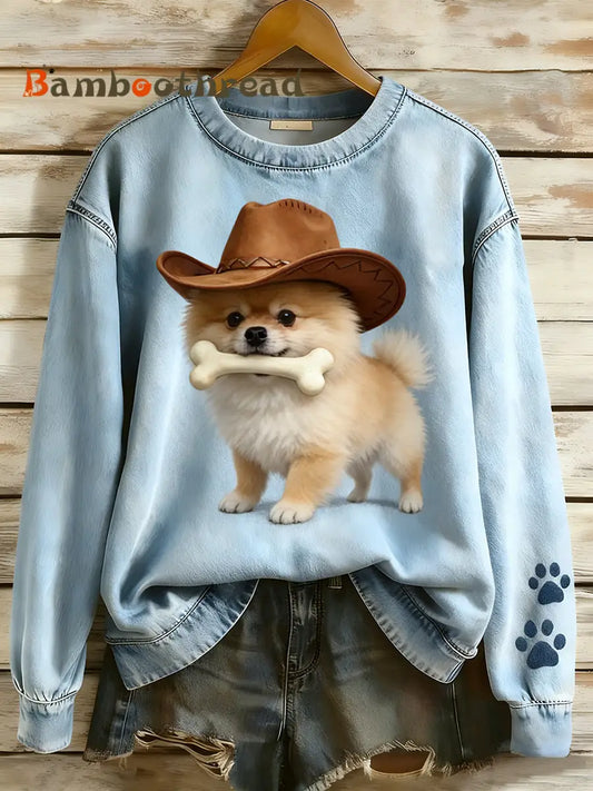 Women’s Retro Denim Patchwork Animal Art Print Casual Comfort Long-Sleeve Sweatshirt A / S