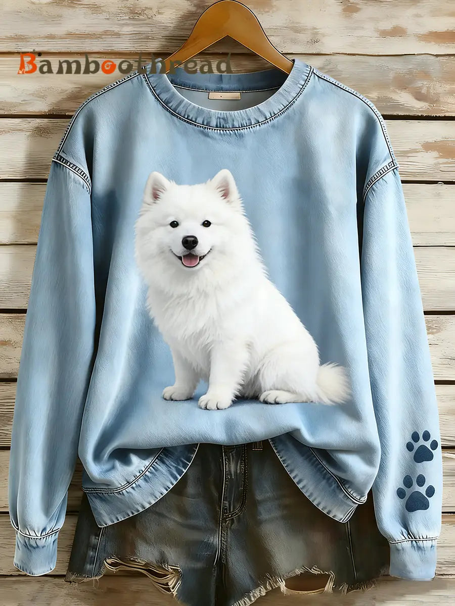 Women’s Retro Denim Patchwork Animal Art Print Casual Comfort Long-Sleeve Sweatshirt A / S