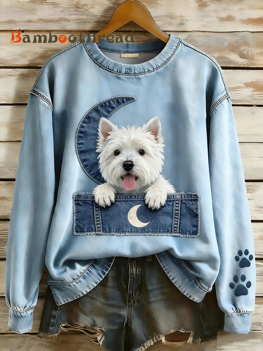 Women’s Retro Denim Patchwork Animal Art Print Casual Comfort Long-Sleeve Sweatshirt A / S