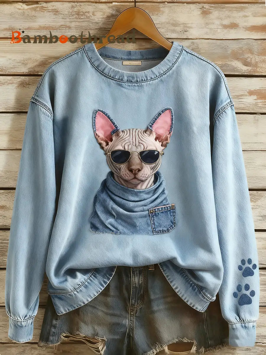 Women’s Retro Denim Patchwork Animal Art Print Casual Comfort Long-Sleeve Sweatshirt A / S