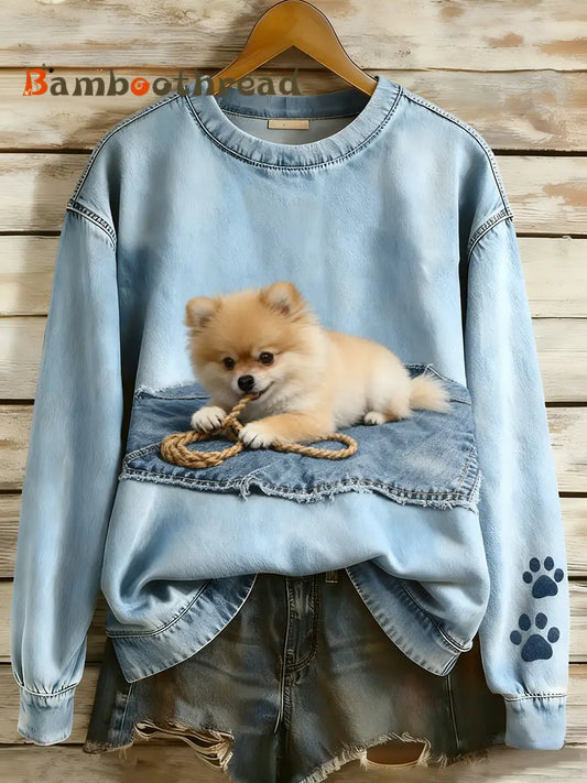 Women’s Retro Denim Patchwork Animal Art Print Casual Comfort Long-Sleeve Sweatshirt A / S