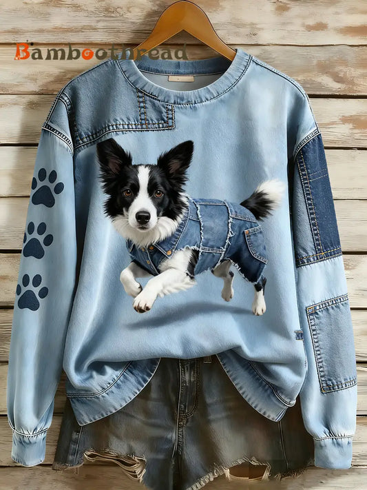 Women’s Retro Denim Patchwork Animal Art Print Casual Comfort Long-Sleeve Sweatshirt A / S