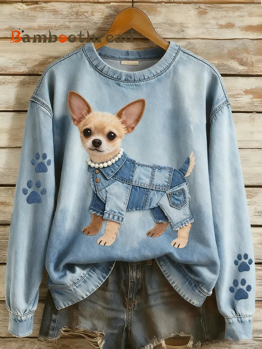 Women’s Retro Denim Patchwork Animal Art Print Casual Comfort Long-Sleeve Sweatshirt A / S