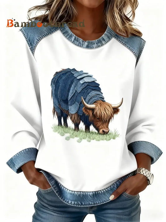 Women’s Retro Denim Patchwork Highland Cow Art Print Long-sleeve Patchwork Sweatshirt Blue / S