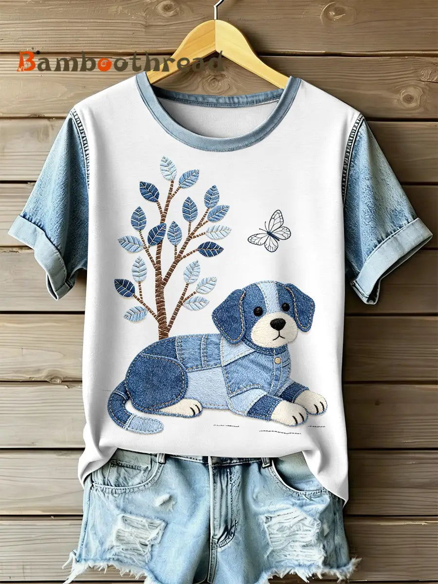 Women’s Retro Dog Patchwork Print Casual Short Leeved T-Shirt As picture / S