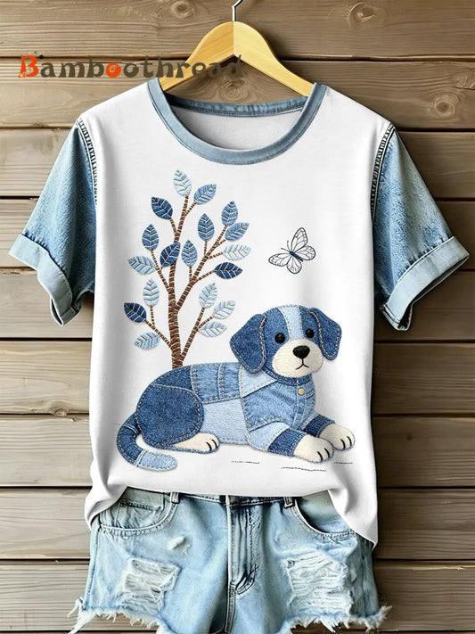 Women’s Retro Dog Patchwork Print Casual Short Leeved T-Shirt As picture / S