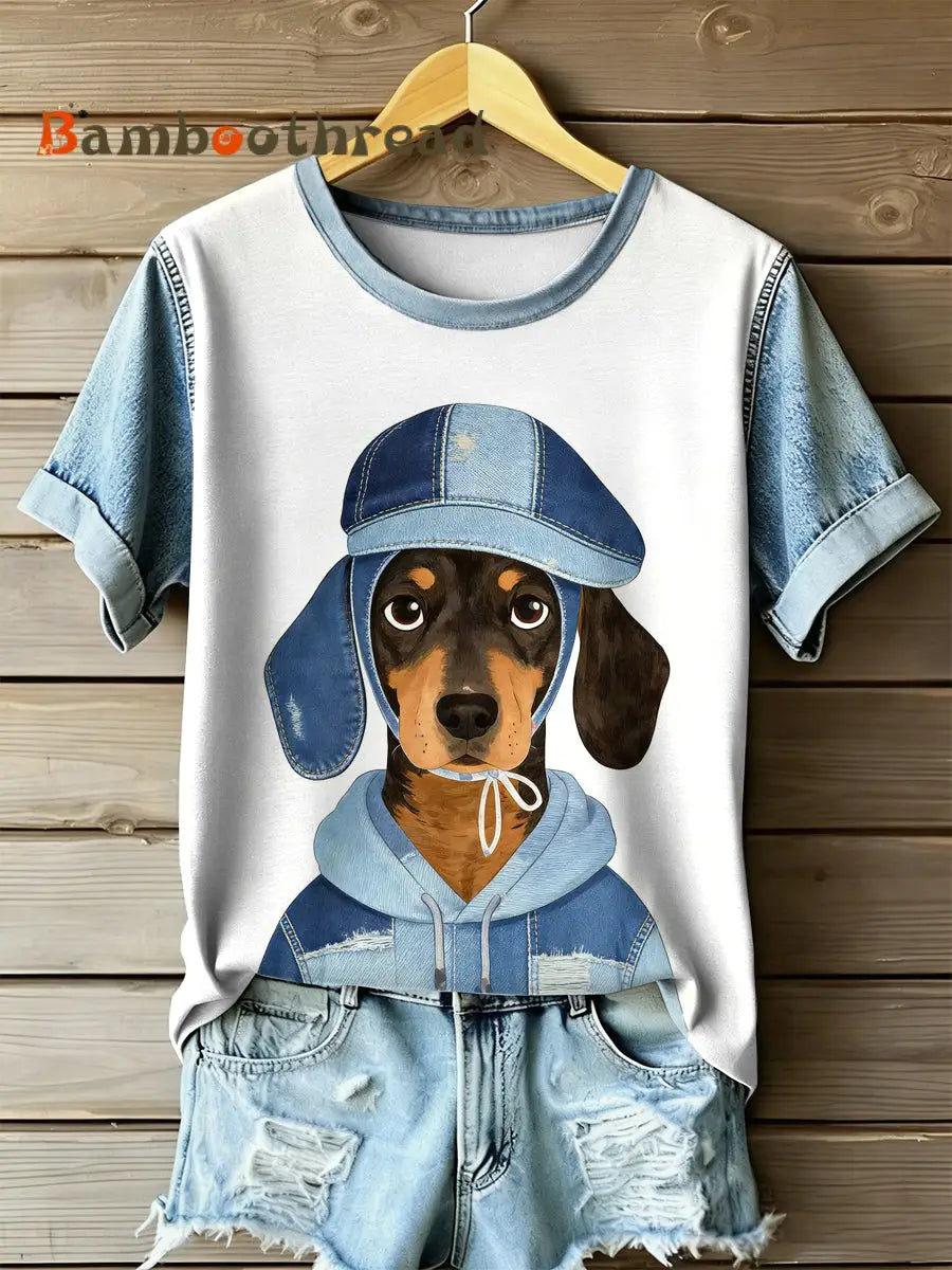 Women’s Retro Dog Patchwork Print Casual Short Sleeved T-Shirt As picture / S