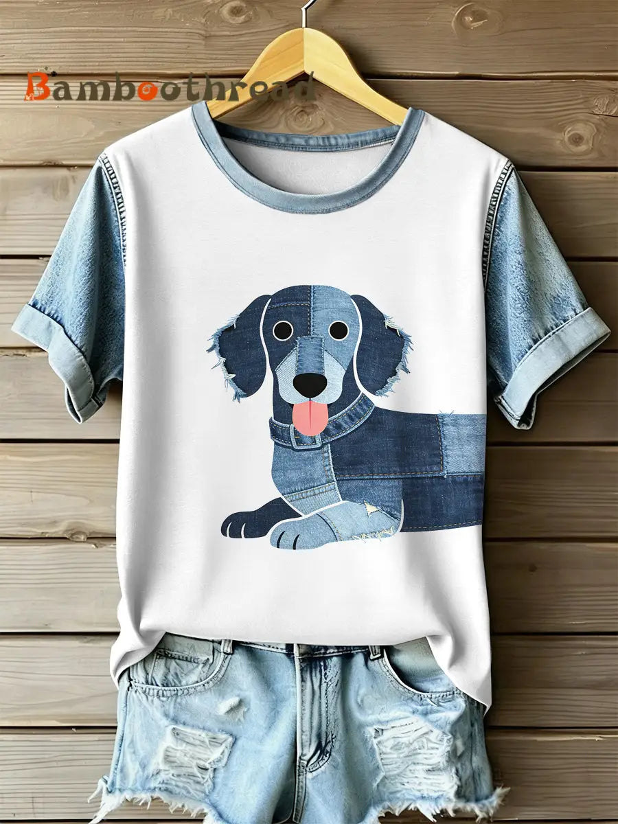 Women’s Retro Dog Patchwork Print Casual Short Sleeved T-Shirt As picture / S