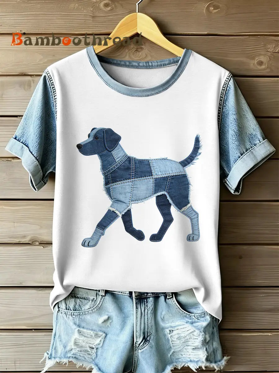 Women’s Retro Dog Patchwork Print Casual Short Sleeved T-Shirt As picture / S