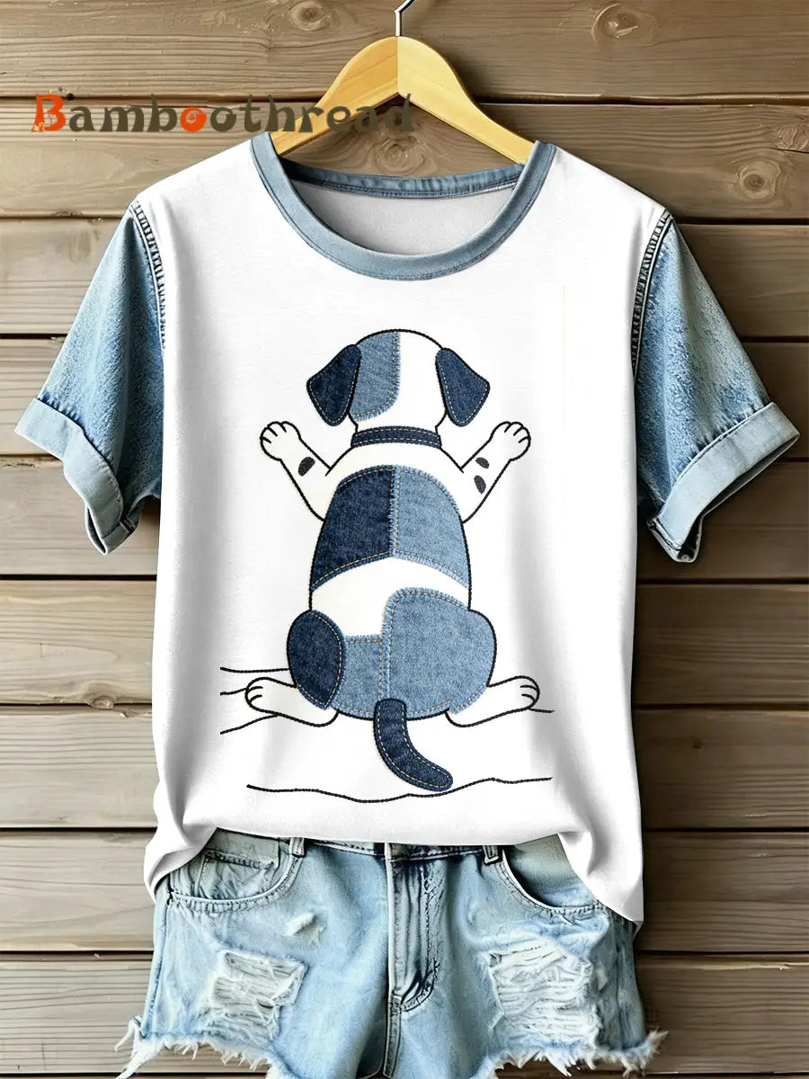 Women’s Retro Dog Patchwork Print Casual Short Sleeved T-Shirt As picture / S