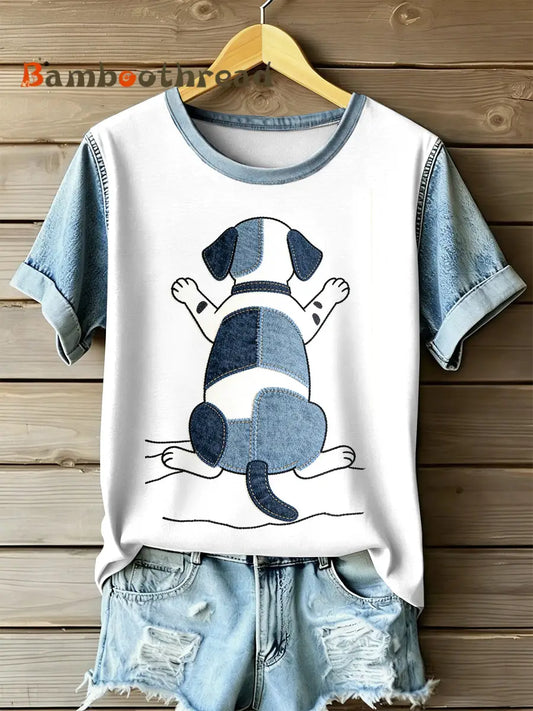 Women’s Retro Dog Patchwork Print Casual Short Sleeved T-Shirt As picture / S