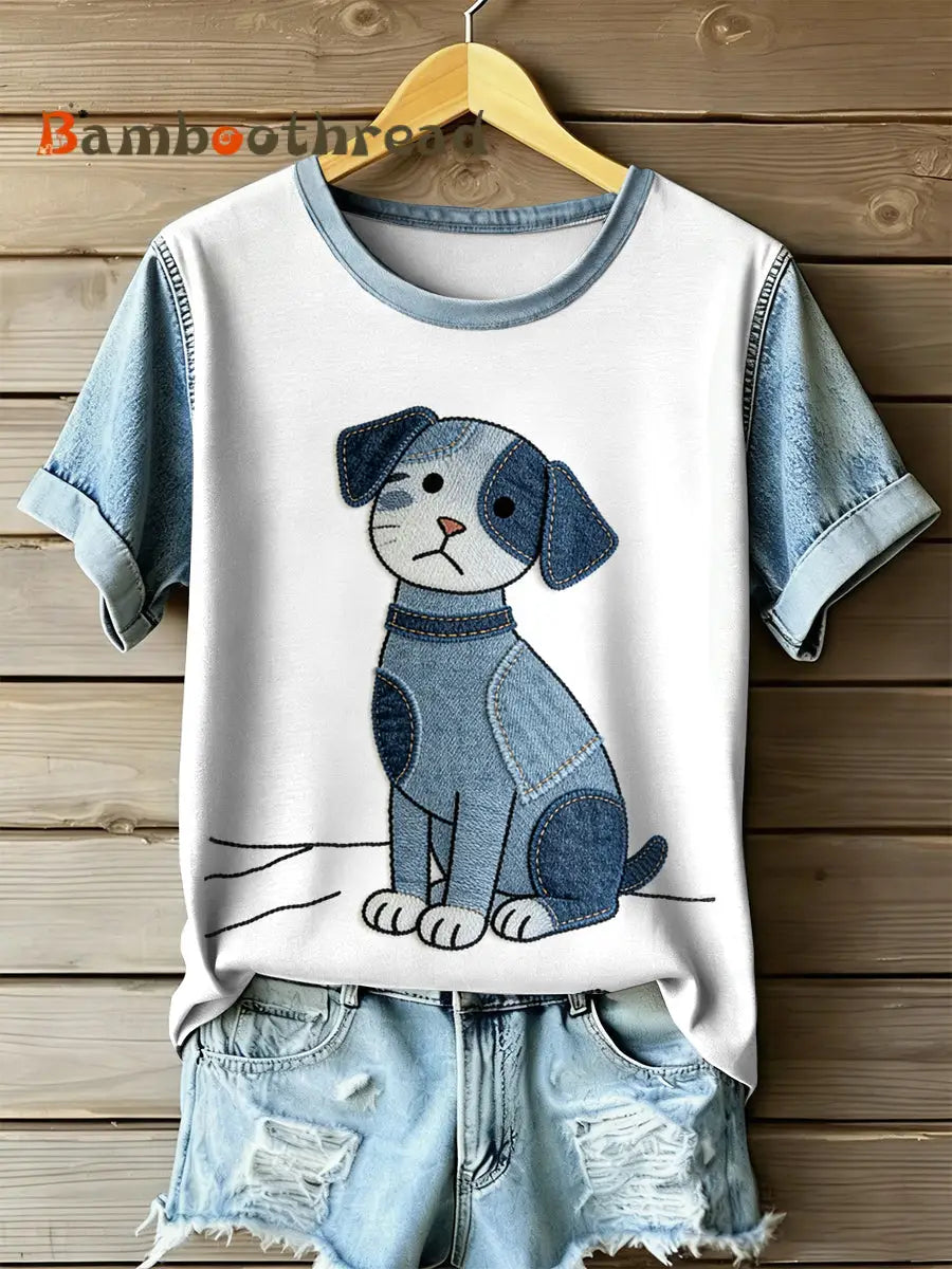 Women’s Retro Dog Patchwork Print Casual Short Sleeved T-Shirt As picture / S