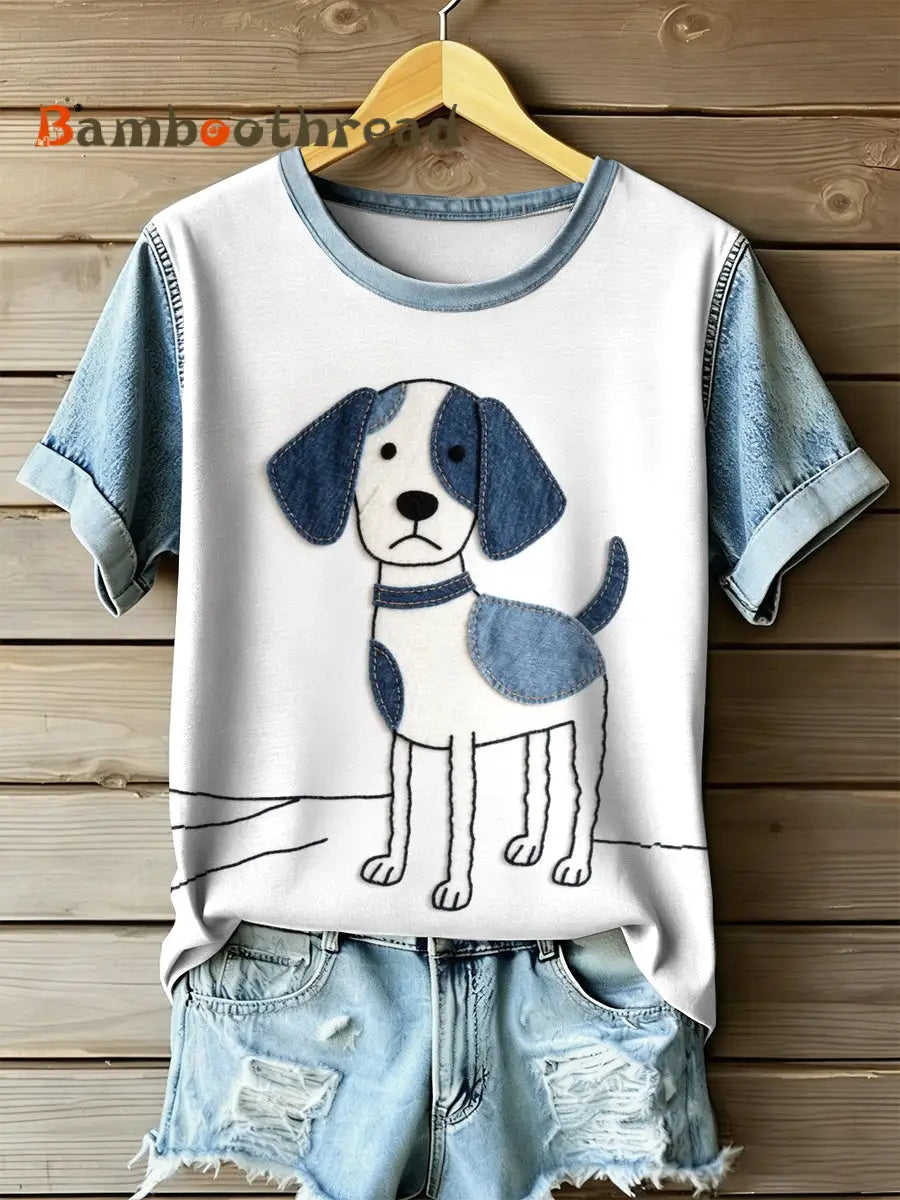Women’s Retro Dog Patchwork Print Casual Short Sleeved T-Shirt As picture / S