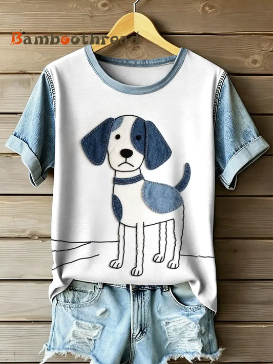 Women’s Retro Dog Patchwork Print Casual Short Sleeved T-Shirt As picture / S