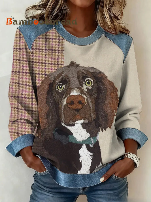Women’s Retro Dog Print Dog Mom Dog Lovers Gift Denim Patchwork Top As picture / S
